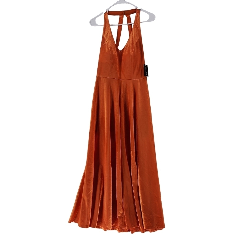 Candalite Women's Orange Satin Halter Long Swing Dress